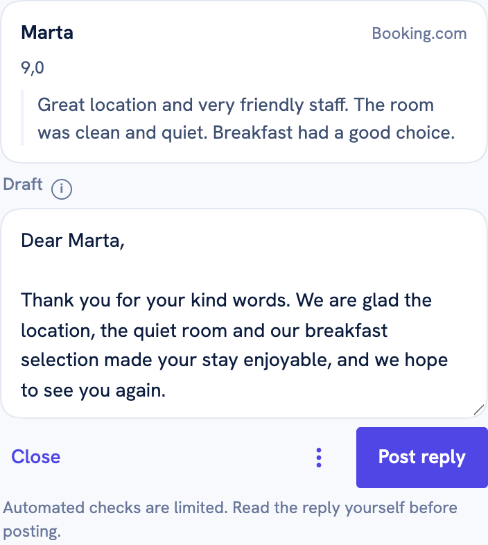 Review Reply draft panel on a real Booking.com guest review