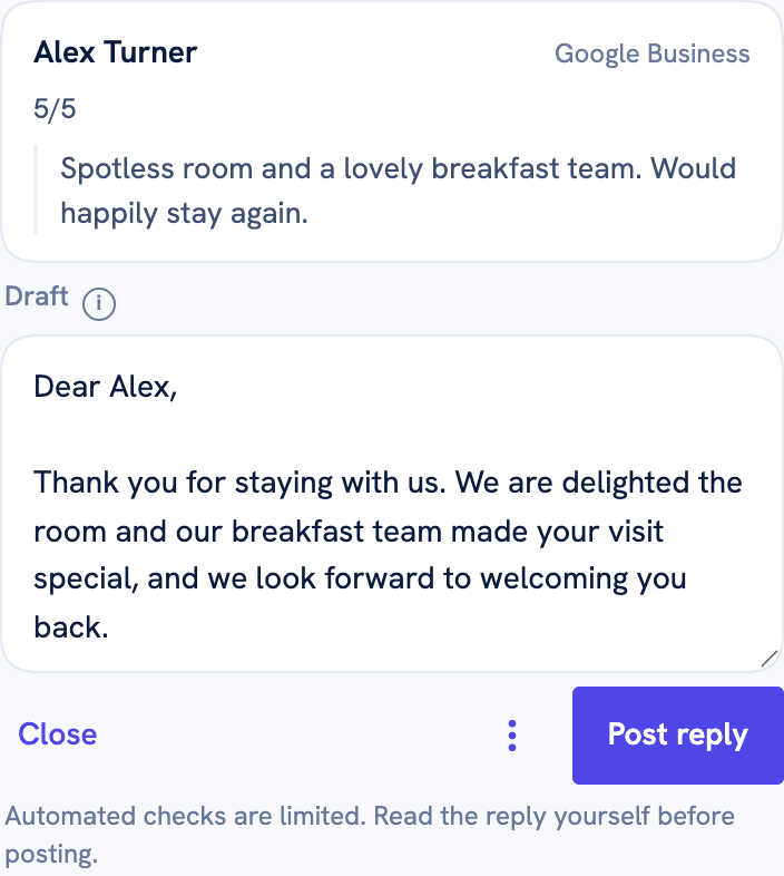 Review Reply draft panel on a real Google Business Profile review
