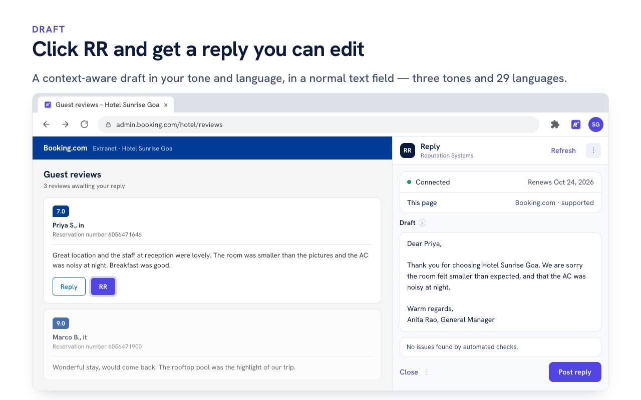 Review Reply running on the Booking.com Extranet: the RR button sits beside Booking.com's own Reply button on the guest review, and the RR panel is open on the right with the review, the draft and Post reply