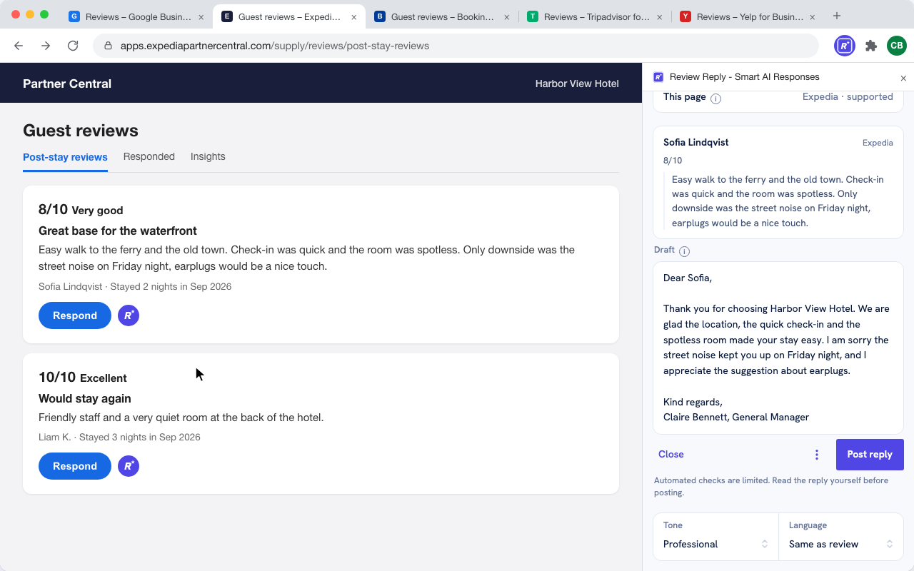 Review Reply running on Expedia Partner Central: the RR button sits beside Expedia's own Respond on the post-stay review, and the RR panel is open on the right with the review it read and the draft