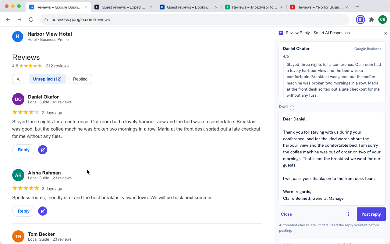 Review Reply running on Google Business Profile: the RR button sits beside Google's own Reply on the review, and the RR panel is open on the right with the review it read and the draft
