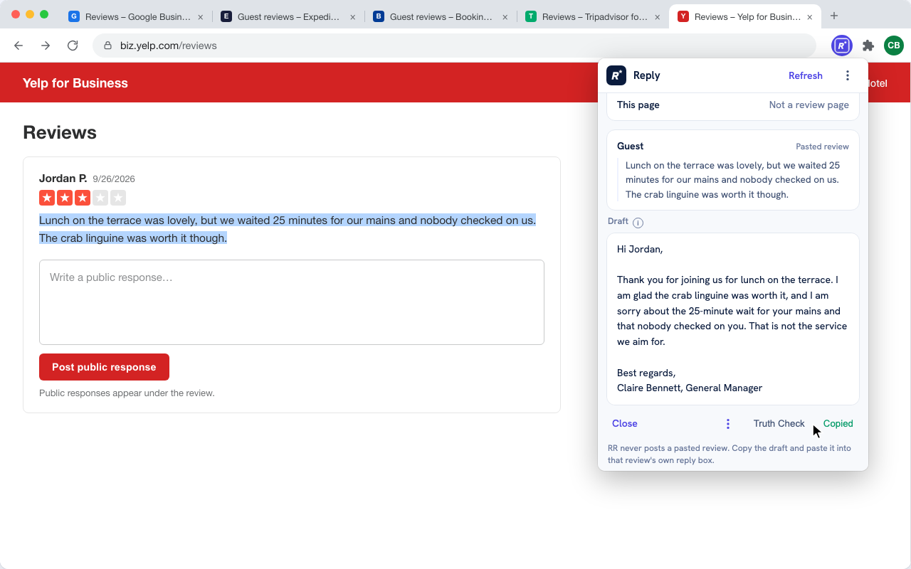 Review Reply on a site with no reply box: the review is pasted into the RR popup, the draft reply appears below it, and the Copy response action is ready