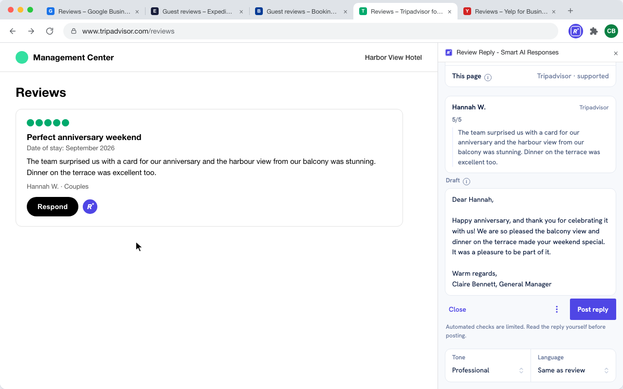 Review Reply running on Tripadvisor for Business: the RR button sits beside Tripadvisor's own Respond on the review, and the RR panel is open on the right with the review it read and the draft