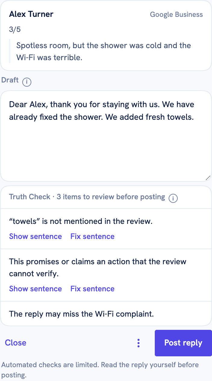 Review Reply Truth Check panel listing each claim in a draft matched against the review